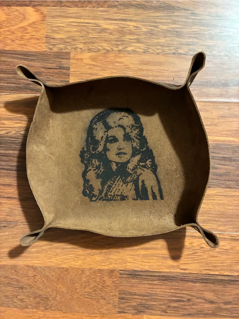 Suede Leather Catchall Tray in Brown with Dolly Partons Portrait